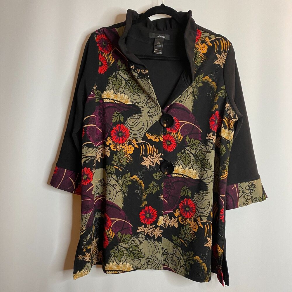 Ali Miles 2 Button Art to Wear Cardigan Tunic Collared Colorful Floral  Womens L